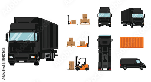 A black semi-truck with a container is displayed alongside a forklift and shipping boxes on a clean light background.