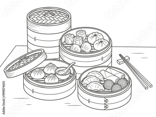 Various shapes of Chinese dim sum in bamboo steamers vector