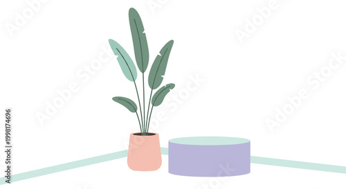 A simple potted plant stands next to a purple cylindrical platform, set against a clean and minimal light background.