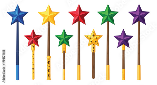 A vibrant collection of colorful star-themed magic wands is presented in an orderly fashion against a clean white background.
