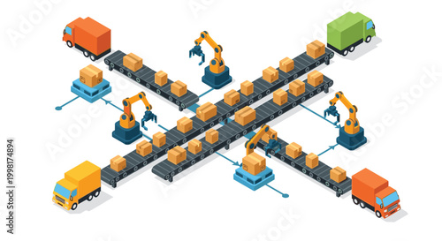This isometric view depicts an automated warehouse system with complex conveyor belts and robotic arms on a clean light background.