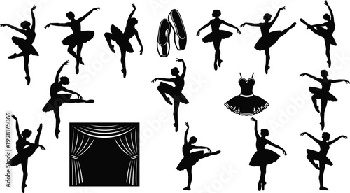 Ballet and Dance Icons Set with Dancer Silhouettes, Ballet Shoes, Tutu, Curtain, and Performance Poses for Dance Art and Event Designs