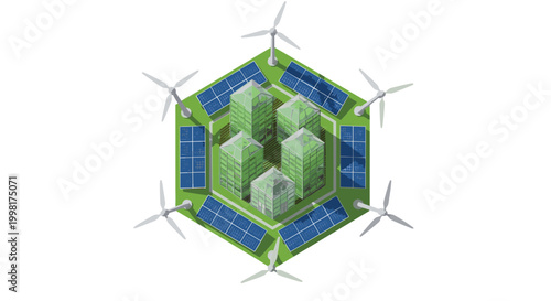 The unique hexagonal eco-friendly city layout features wind turbines and solar panels surrounding central green buildings on a light background.