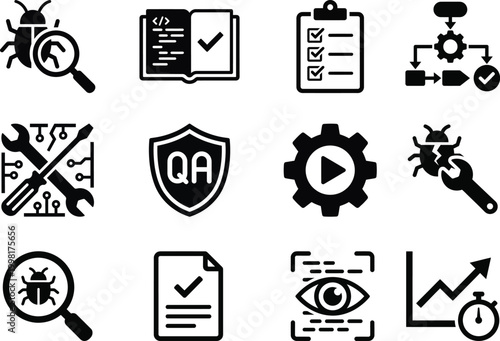 Software testing and quality assurance icons set with bug search QA checklist code symbols outline vector collection isolated on light background
