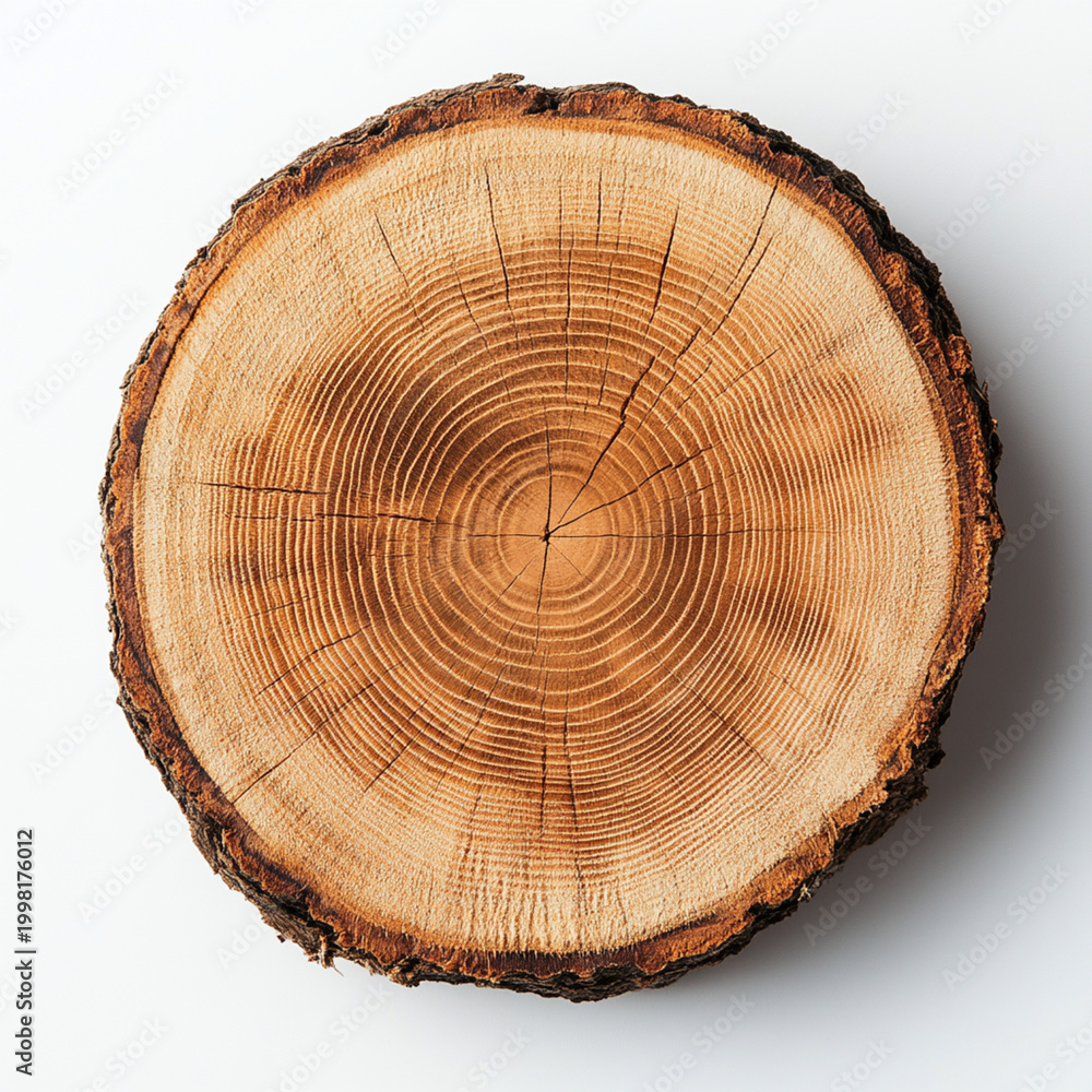 Obraz premium Cross-sectional Wood Log Slice with Distinct Growth Rings on White Background for Environmental and Sustainability Concepts