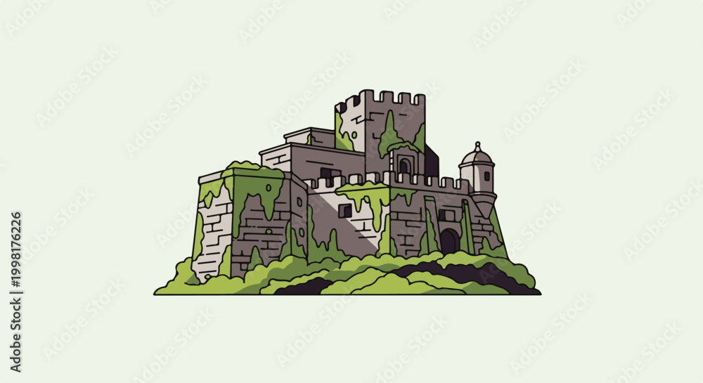 Naklejka premium Old stone fortress overgrown with green moss and vegetation