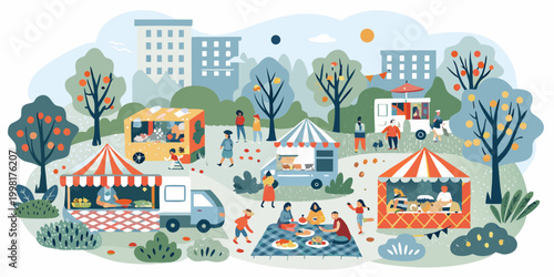 Food truck festival illustration with people and city background