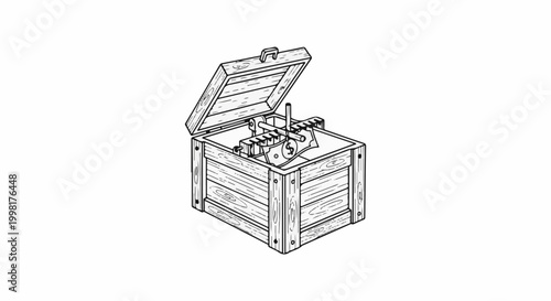 Open wooden crate reveals currency and a complex mechanism