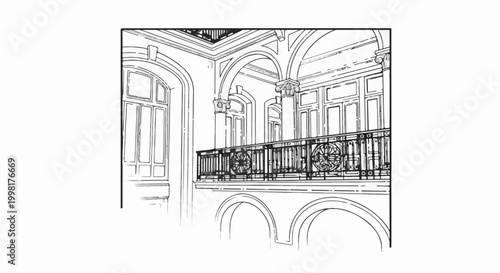 Ornate interior balcony with arches, pillars, and decorative railing