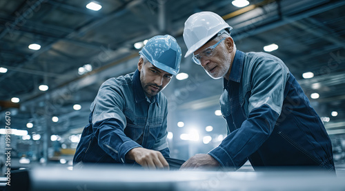 Two experienced engineers wearing hard hats examine technical blueprints inside a large industrial facility.