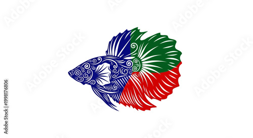 Colorful Siamese Fighting Fish Silhouette with Ornate Patterns on White Background