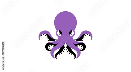 Cute Purple Octopus with Black Tentacles and White Background