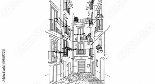 Narrow cobblestone alleyway lined with balconies and shuttered windows