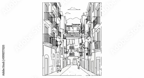 Narrow street with balconies and clothes hanging between buildings, hills behind