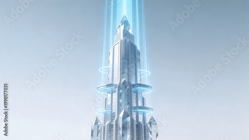 Futuristic tower with glowing beams