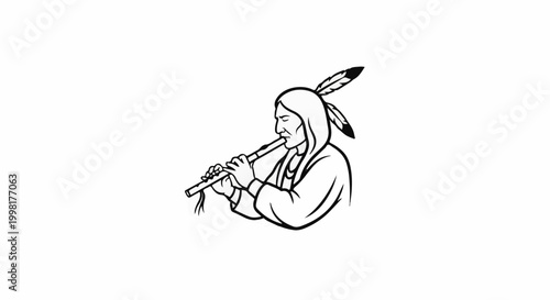 Native American man plays a flute adorned with feathers