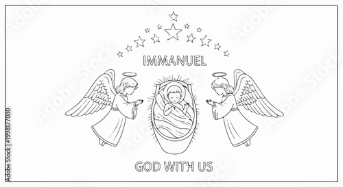 Nativity scene with two angels, baby, and stars above with text