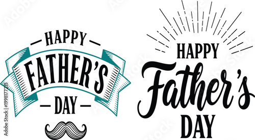 Happy Father's Day Vintage Typography Badge Set with Ribbon, Mustache and Sunburst for Greeting Card and Celebration Designs