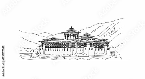 Ornate multi-tiered structure nestled against a backdrop of mountainous terrain