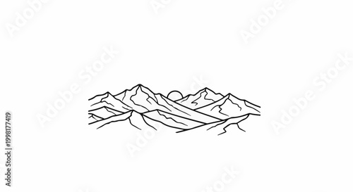 Minimalist line art depicts a jagged mountain range with a circular sun rising