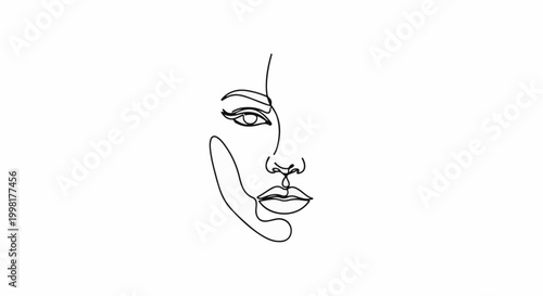 Minimalist line art depicts half of a woman's face, focusing on eye, nose, and lips