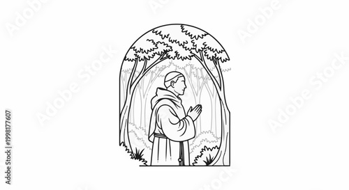 Monk praying in a forest framed by trees