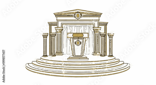 Ornate classical podium with columns and draped curtains on tiered steps