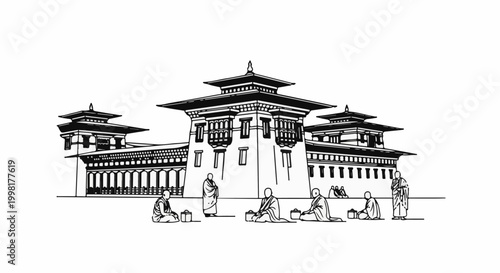 Monks gathered before a grand, ornate temple complex under a clear sky
