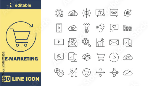 A collection of thirty line icons related to e-marketing and digital commerce
