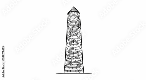 Monochromatic illustration of a tall, stone, round tower with a conical roof and windows