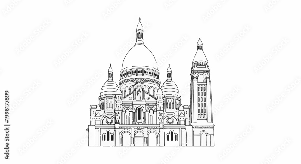 Obraz premium Ornate domed basilica with multiple towers, rendered in a black-and-white sketch style