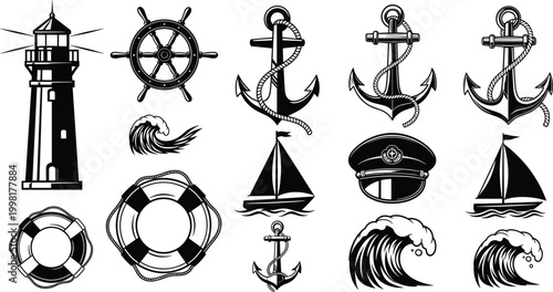 Nautical and Maritime Icons Set with Lighthouse, Anchor, Sailboat, Life Buoy, Waves, and Steering Wheel for Sea and Ocean Designs