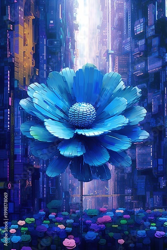 Futuristic Blue Flower in Cyberpunk City – Surreal Neon Urban Illustration
