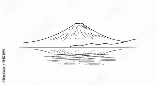 Minimalist line drawing of a conical mountain peak reflected in water with lily pads