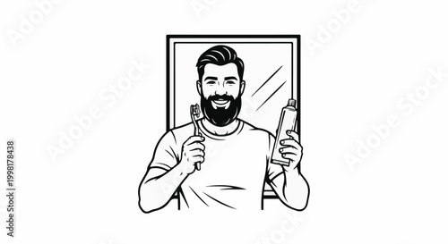 Man with beard smiles holding toothpaste and toothbrush in front of mirror