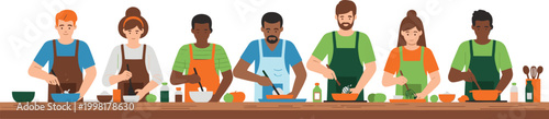 Foto Diverse Cooking Class Icon Set Featuring People Preparing Food in a Kitchen for