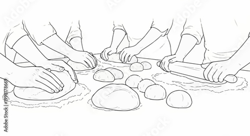 Many hands kneading and rolling dough on a floured surface