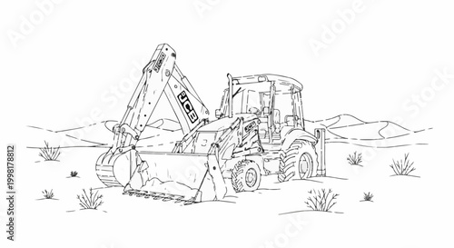 Line art sketch of a backhoe loader in a desert landscape with sparse vegetation