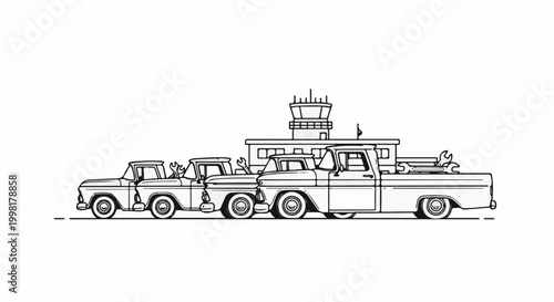 Line art of three vintage pickup trucks parked in front of an airport control tower