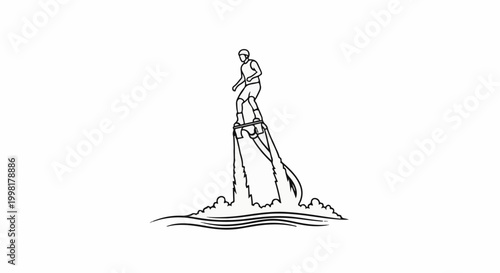 Line art of person on a water-propelled board over ocean waves