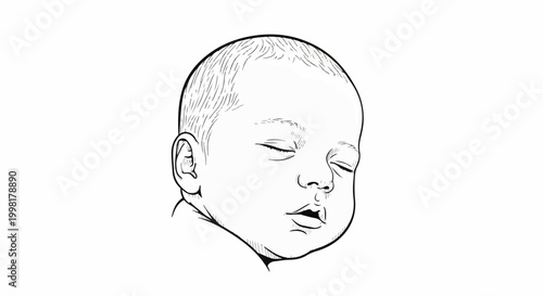 Line art portrait of a sleeping infant's face, showing delicate features