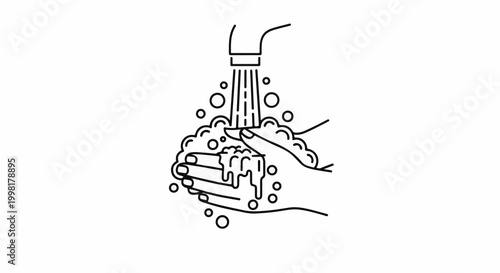 Line art of hands being washed with soap and water from a faucet
