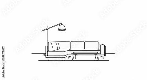 Line drawing of a modern sectional sofa with a floor lamp and coffee table