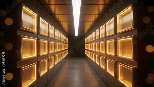 Long corridor with glowing square panels
