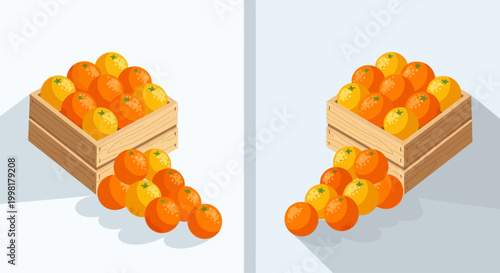 Two wooden crates filled with oranges are spilling onto the floor beside them.