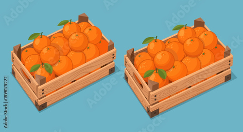 Two wooden crates filled with oranges and green leaves on a blue background.