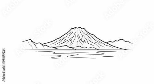 Majestic volcano silhouette reflected in calm waters, surrounded by foothills