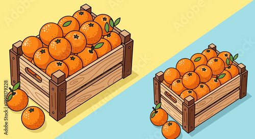 A vibrant illustration of two wooden crates overflowing with oranges on a divided yellow and blue background.