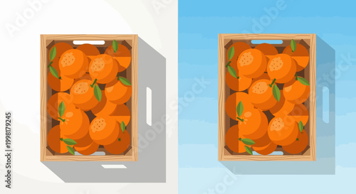 A wooden crate filled with fresh oranges sits on a surface with a sunny day background.