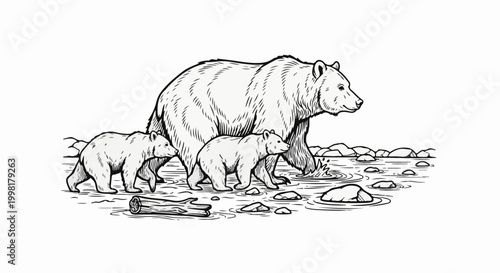 Mama bear and cubs walk through shallow water with rocks and log